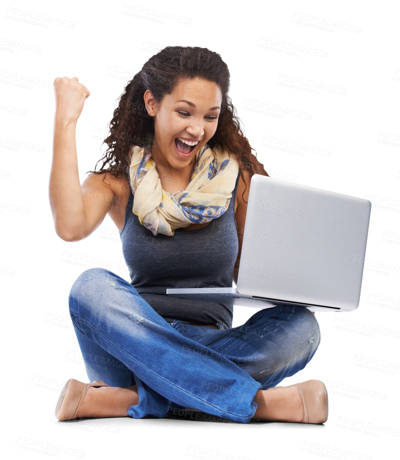 Buy stock photo Student, woman and winning on laptop isolated on a transparent, png background for university results or success. Happy person with fist, wow and celebration news of college application on computer