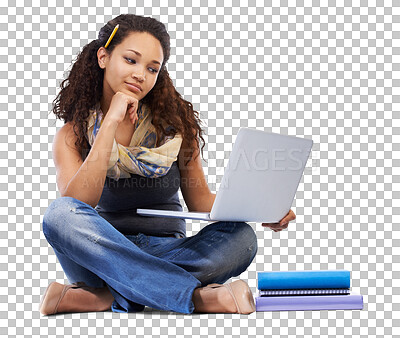 Buy stock photo Student, laptop and woman using the internet for research and thinking isolated in a transparent png background. University, education and female person learning or reading college online notes