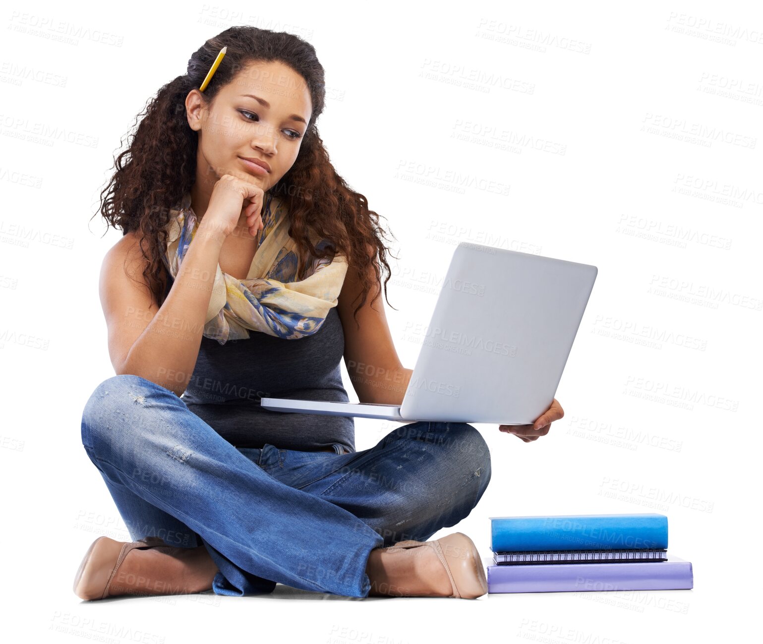 Buy stock photo Student, laptop and woman using the internet for research and thinking isolated in a transparent png background. University, education and female person learning or reading college online notes