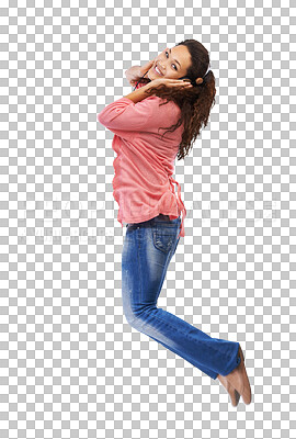Music headphones, portrait and woman jump in studio isolated on a png background mock up. Jumping, energy and happy female with hifi headset streaming, listening or enjoying podcast, radio or audio