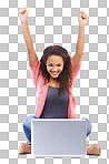 University scholarship and black woman winner with laptop reading online update with excited smile. Winning, happy and celebration of girl with good news for college admission in isolated on a png background 