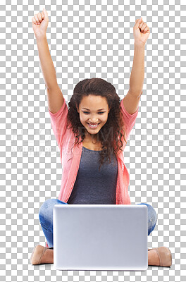 Buy stock photo Success, winning and woman on laptop isolated on transparent, png background for university results and celebrate. Happy person, winner or student cheers and arms in air for college news on computer