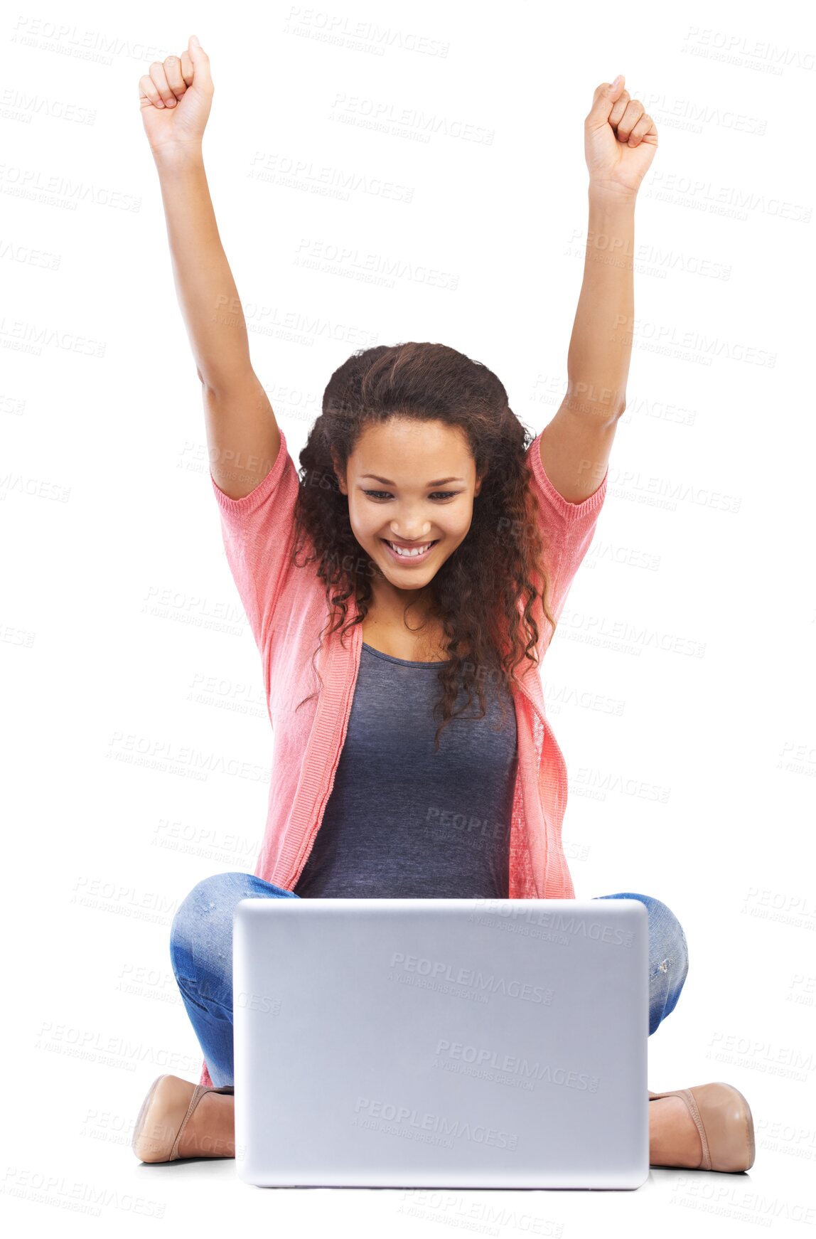 Buy stock photo Success, winning and woman on laptop isolated on transparent, png background for university results and celebrate. Happy person, winner or student cheers and arms in air for college news on computer