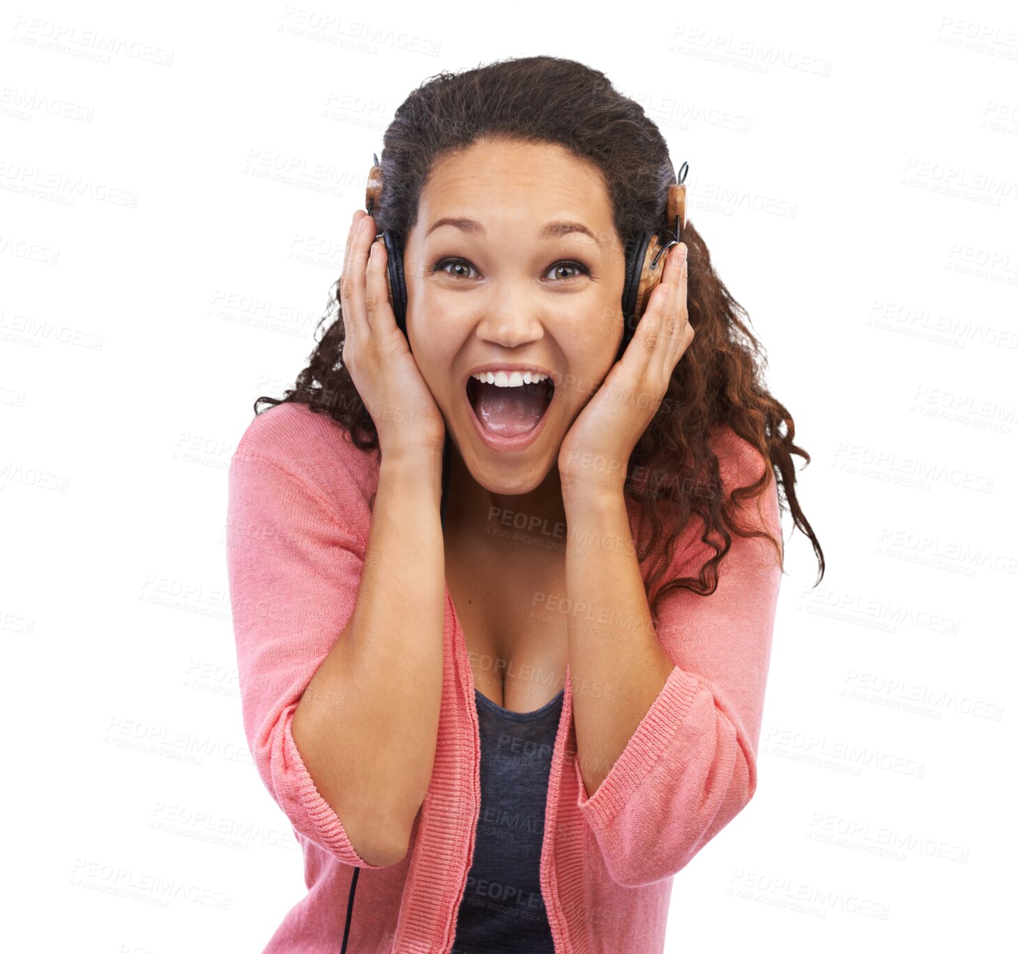 Buy stock photo Screaming, headphones and portrait of woman listening to music or audio isolated transparent png background. Shocked face, emoji or excited female person with announcement, radio or good news podcast