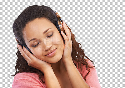 Buy stock photo Headphones, podcast and calm woman relaxing to music, audio or radio isolated on a transparent png background. Mental health, wellness and zen female person with closed eyes and streaming sound track