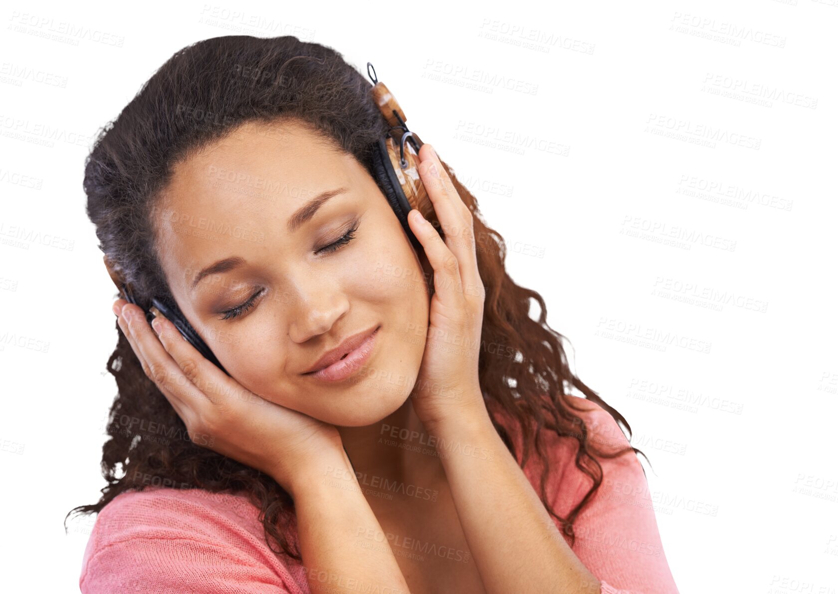 Buy stock photo Headphones, podcast and calm woman relaxing to music, audio or radio isolated on a transparent png background. Mental health, wellness and zen female person with closed eyes and streaming sound track