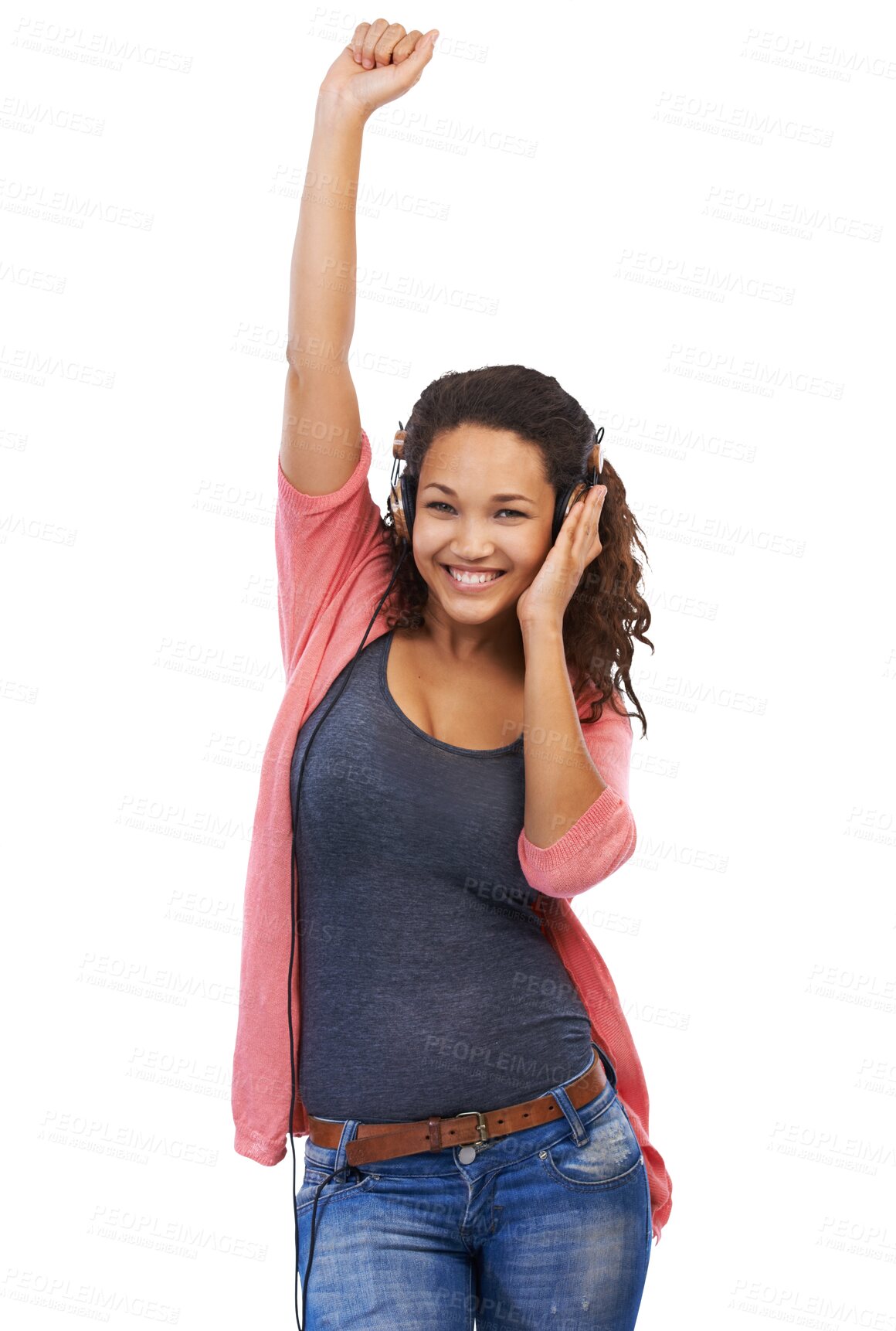 Buy stock photo Celebrate, headphones and portrait of woman listening to music and dancing isolated in a transparent png background. Dance, winning and happy female person streaming podcast, radio or audio