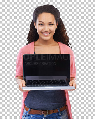 Buy stock photo Laptop screen, mockup and woman in portrait isolated on transparent, png background for student website or marketing. Happy biracial person on computer mock up college application or promotion space