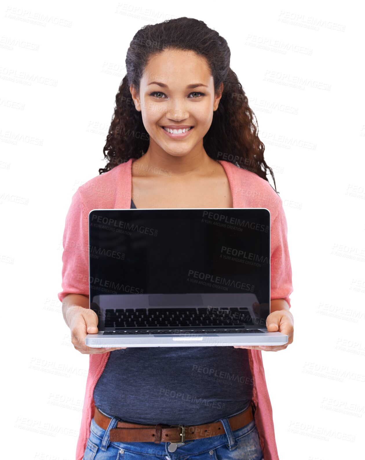 Buy stock photo Laptop screen, mockup and woman in portrait isolated on transparent, png background for student website or marketing. Happy biracial person on computer mock up college application or promotion space