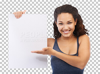 Buy stock photo Portrait of happy woman showing blank poster, promo and space for information isolated on transparent, png background. Happiness, mockup and girl with empty paper sign in hand, presentation and smile