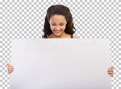 Buy stock photo Portrait of happy woman looking at blank sign, board and promo space for info isolated on transparent, png background. Happiness, mockup and girl with paper poster in hand, presentation and smile.