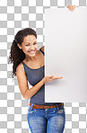 Empty, advertising and portrait of woman with poster for blank product placement and copy space signboard. Isolated black woman with poster mockup at isolated on a png background