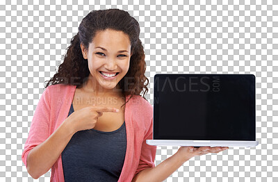 Buy stock photo Mockup, computer screen and woman in portrait isolated on transparent, png background pointing to university website. Happy, biracial person on laptop mock up, college application or promotion space