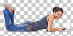 Portrait, laptop and student relax on studio floor for research, learning and project isolated on a png background. Study, education and girl typing, internet and search for creative, online and isolated