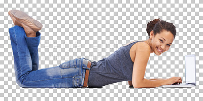 Portrait, laptop and student relax on studio floor for research, learning and project isolated on a png background. Study, education and girl typing, internet and search for creative, online and isolated