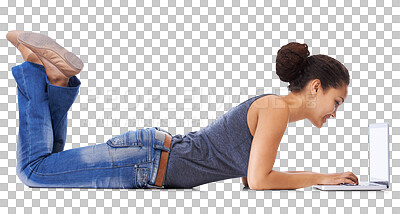 Buy stock photo Laptop, relax and a woman lying down isolated on a transparent background while typing an email. PNG, computer and technology with an attractive young female browsing social media in her free time