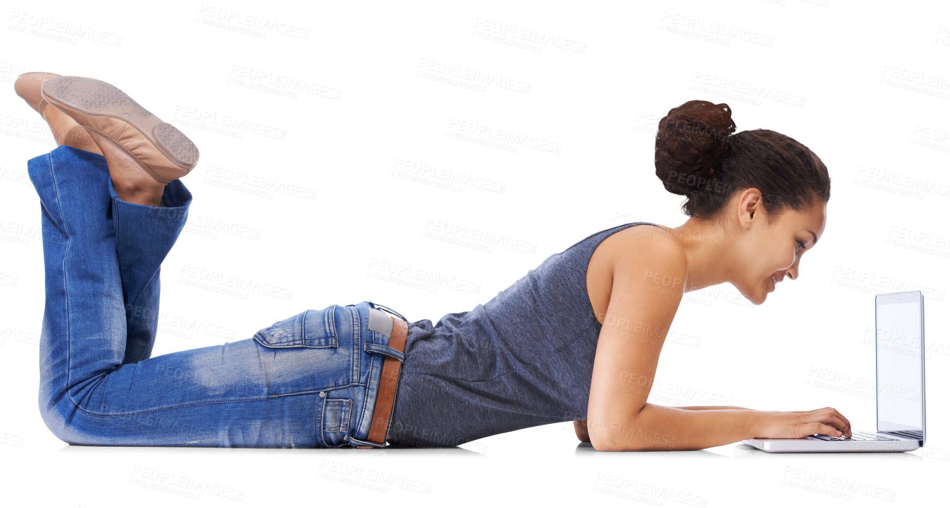 Buy stock photo Laptop, relax and a woman lying down isolated on a transparent background while typing an email. PNG, computer and technology with an attractive young female browsing social media in her free time