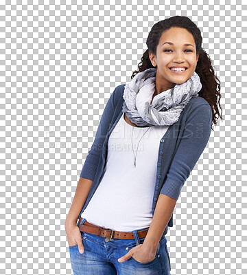 Buy stock photo Happy woman, model portrait and smile with fashion and natural beauty with hands in pockets. Isolated female or person smiling in happiness, feeling cute and beautiful on a transparent PNG background