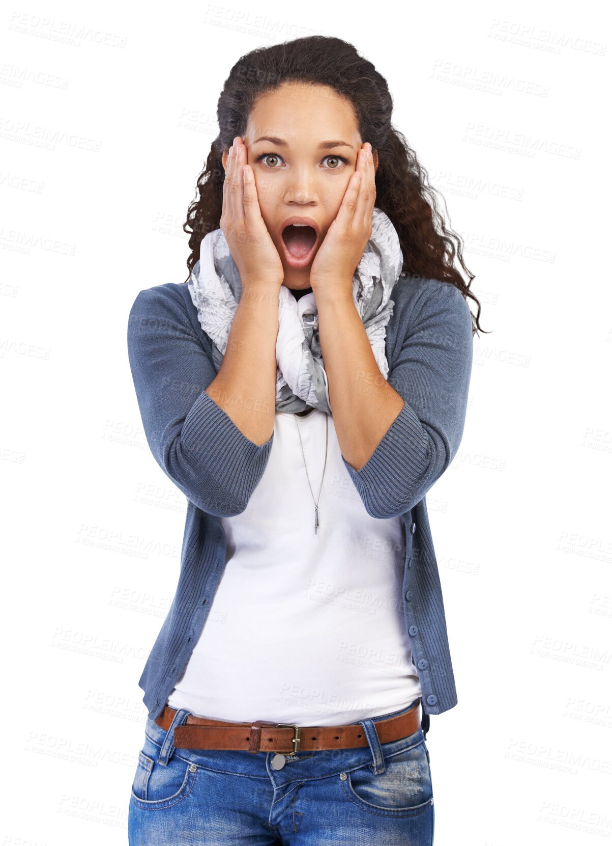 Buy stock photo Wow, omg and woman with hands on face and mind blown on isolated, transparent and png background. Portrait, wtf and girl with open mouth, emoji and surprised, what or shocked by drama, news or gossip