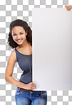 A Black woman, portrait and mockup with advertising poster and smile with empty promo placard. Happy, young and optimistic girl holding poster mockup in white studio for marketing campaign isolated on a png background