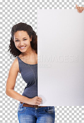 Buy stock photo Portrait of happy woman, blank poster on side and promo space for information isolated on transparent, png background. Happiness, mockup and girl with empty paper sign, info presentation and smile.