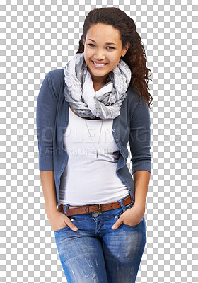 Buy stock photo Black woman, portrait smile and happy model with casual fashion and natural beauty. African American female student smiling in happiness or calm, feeling cute isolated on a transparent PNG background