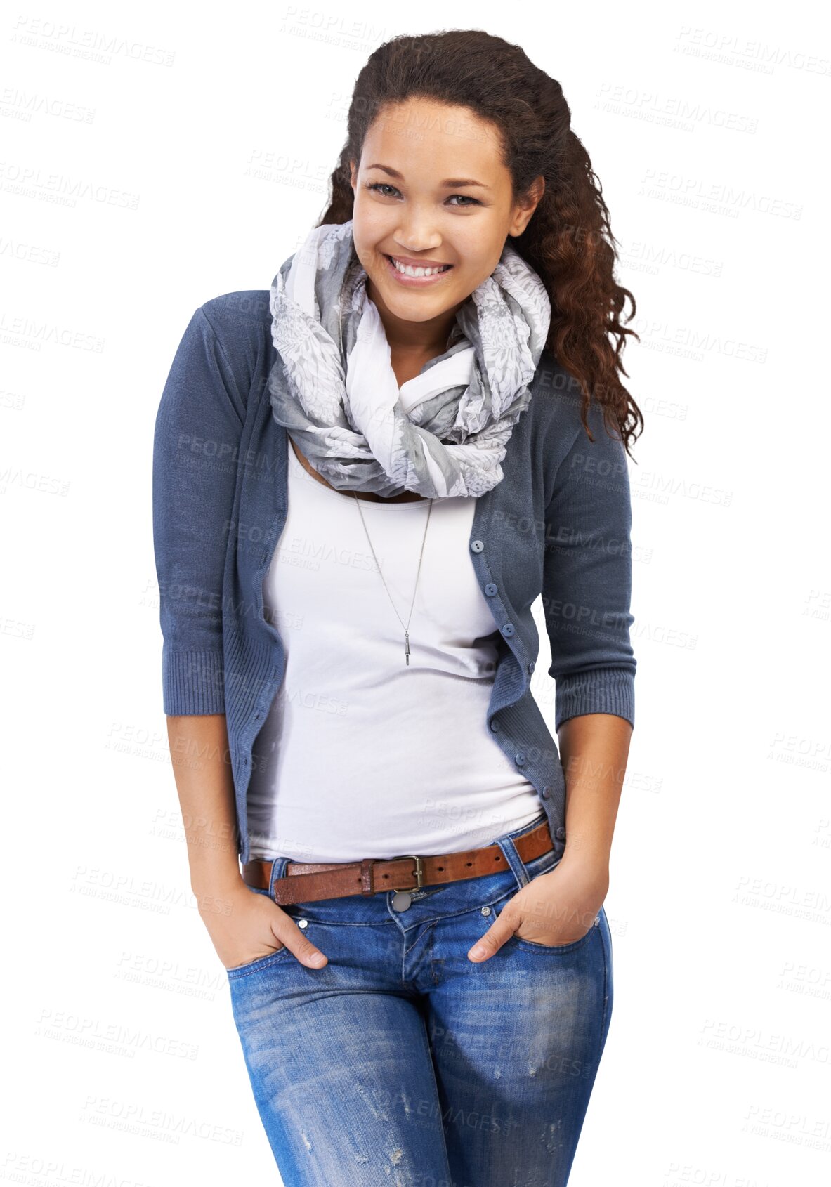 Buy stock photo Black woman, portrait smile and happy model with casual fashion and natural beauty. African American female student smiling in happiness or calm, feeling cute isolated on a transparent PNG background