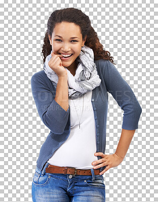 Buy stock photo Portrait, woman and bite finger to flirt with playful attitude isolated on a transparent, png background. Face, beautiful and young female person standing ready to have fun with happiness and smile