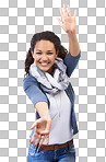 Open arms, smile and woman isolated on a png background for advertising, copy space and marketing in studio. Creative, fashion and portrait of girl for announcement, product placement and emotion reaction