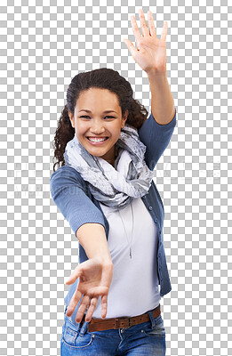 Buy stock photo Open arms, smile portrait and woman isolated on a transparent, png background. Female student, modern fashion and smiling face of girl with gesture for announcement and advertisement with happiness