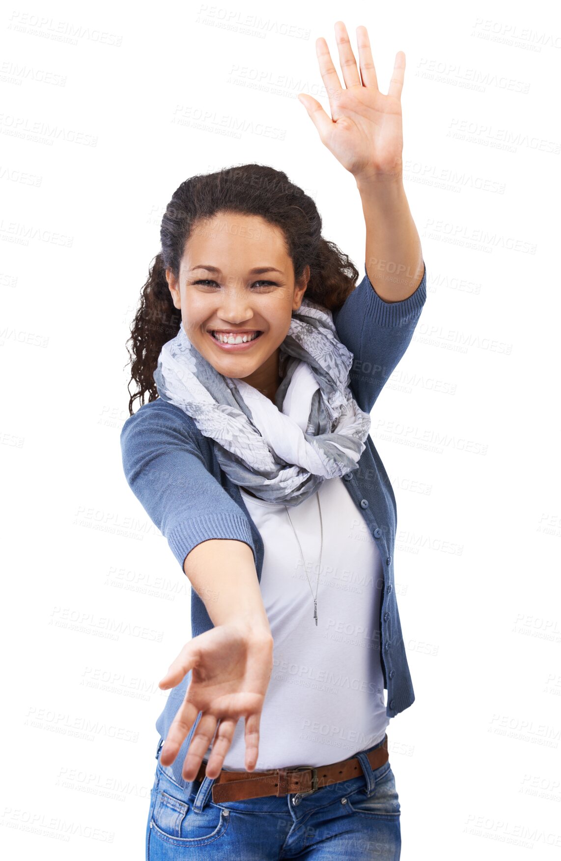 Buy stock photo Open arms, smile portrait and woman isolated on a transparent, png background. Female student, modern fashion and smiling face of girl with gesture for announcement and advertisement with happiness