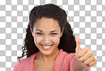 Success, thumbs up and face portrait of woman. Hand gesture, like emoji and happy female model with sign for motivation, support or approval, thank you or agreement isolated on a png background