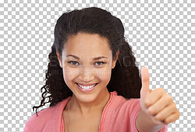 Buy stock photo Portrait, thumbs up and happy woman with yes, winning and success sign on isolated, transparent and png background. Face, hand and winner emoji be excited girl showing agreement, vote or thank you