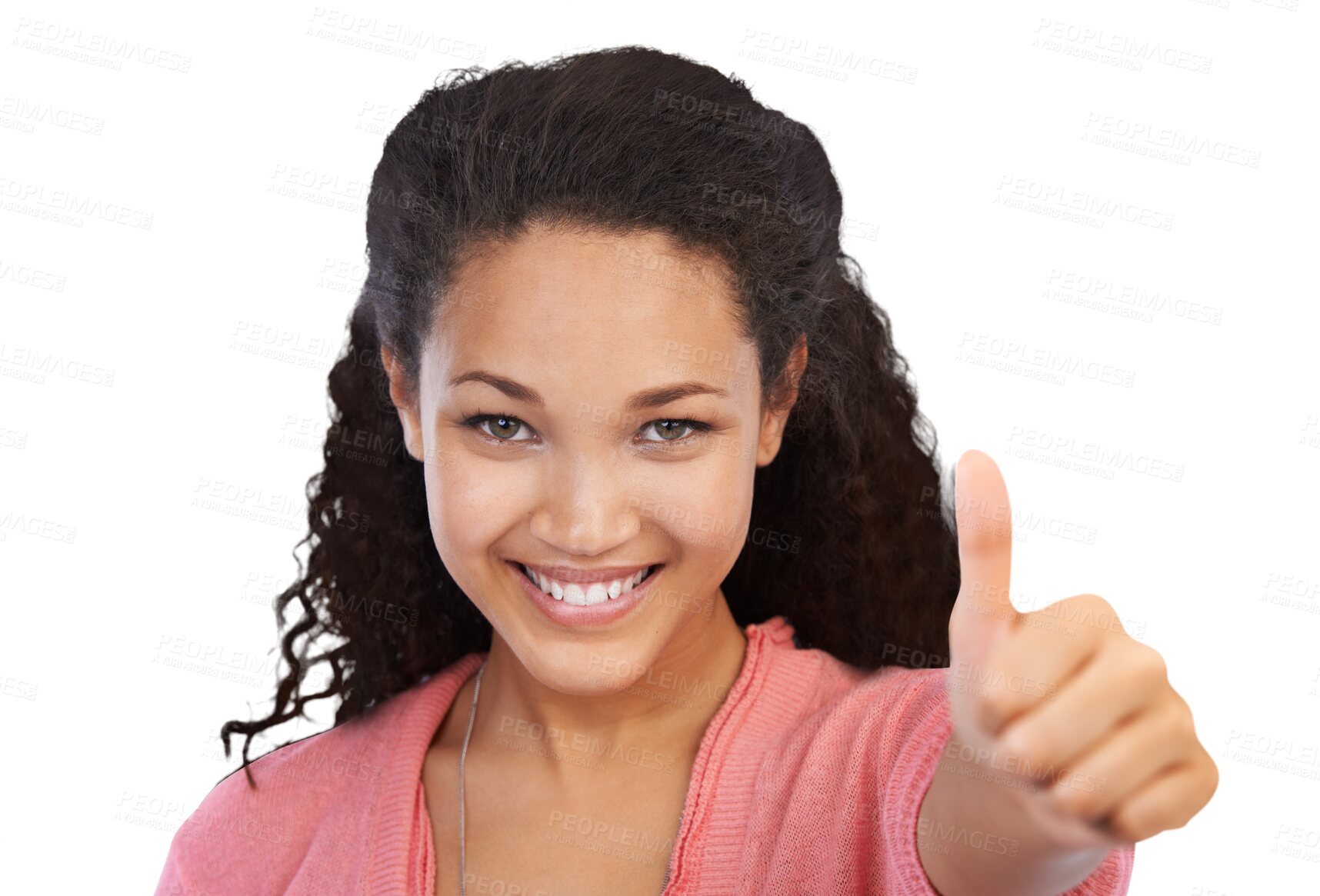 Buy stock photo Portrait, thumbs up and happy woman with yes, winning and success sign on isolated, transparent and png background. Face, hand and winner emoji be excited girl showing agreement, vote or thank you