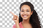 A black girl, smile portrait and point finger for advertising mockup, marketing and branding. Person, happy face and gesture, happiness and product placement space in isolated on a png background