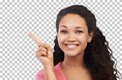 Buy stock photo Black woman, portrait smile and pointing finger in advertising, marketing or brand. Happy face of female person or point gesture in happiness or advertisement isolated on a transparent PNG background