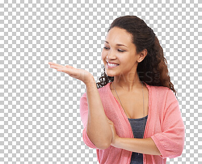 Buy stock photo Black woman, smile and palm hand for advertising, marketing or product isolated on a transparent png background. Happy African American female model standing with hands out for advertisement or brand