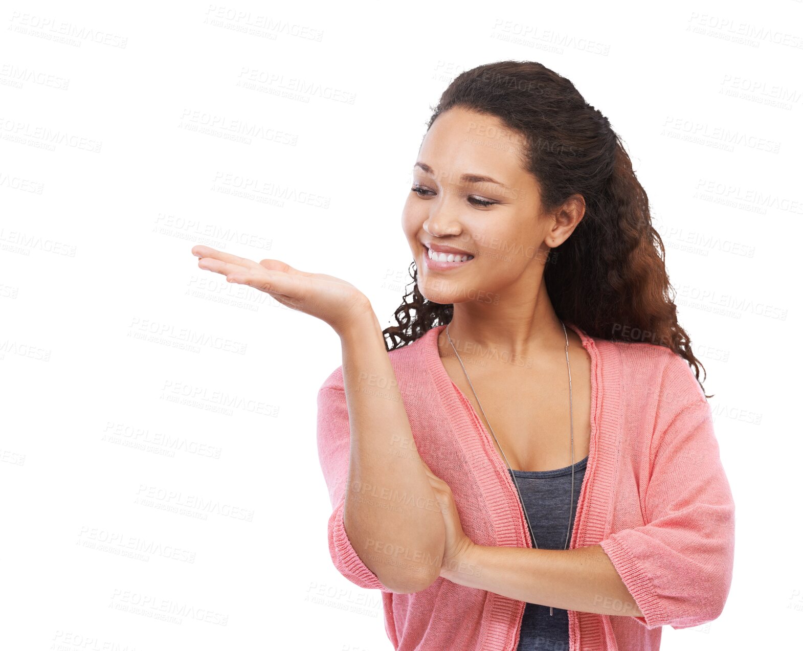 Buy stock photo Black woman, smile and palm hand for advertising, marketing or product isolated on a transparent png background. Happy African American female model standing with hands out for advertisement or brand