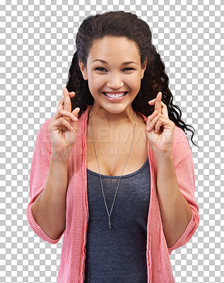 Buy stock photo Woman, fingers crossed and portrait smile, beauty and clothes isolated on a transparent PNG background. Excited female, good luck hands and happiness with necklace, fashion and happy hand sign