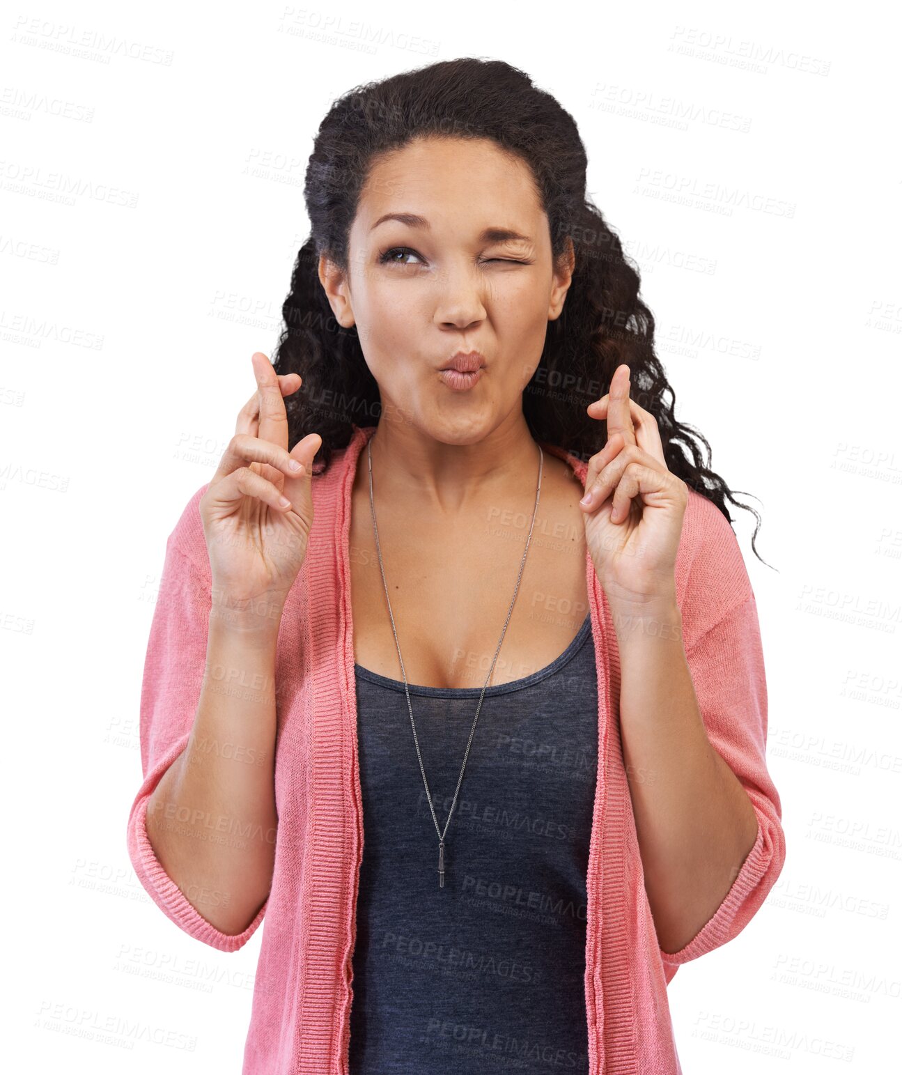 Buy stock photo Wink, hope and fingers crossed with a woman wish for good luck. Thinking, idea and shy young female person feeling lucky with a emoji hand sign and icon isolated on a transparent, png background
