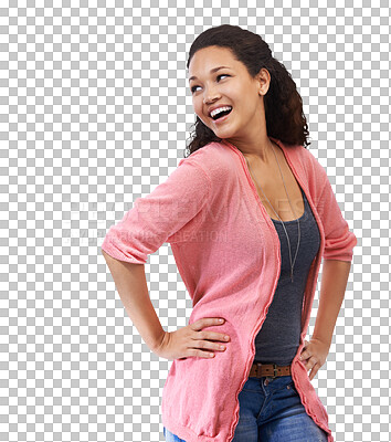 Buy stock photo Fashion, happy and woman with casual, cool and trendy fashionable outfit isolated on a transparent PNG background. Beauty, smile and girl model posing in happiness or satisfaction for stylish clothes