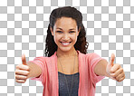 A Face portrait, success thumbs up and woman in Hands gesture, like emoji and happy female model with sign for motivation, support and approval, thank you and agreement isolated on a png background