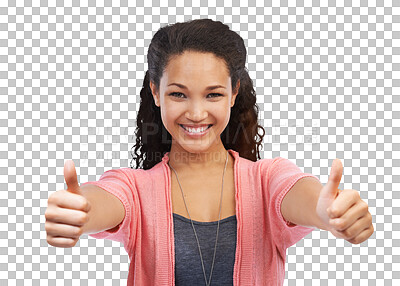 Buy stock photo Thumbs up, happiness and portrait of girl isolated on transparent png background with positive agreement. Yes hand gesture, winner vote and woman with smile, winning attitude and feedback on good job