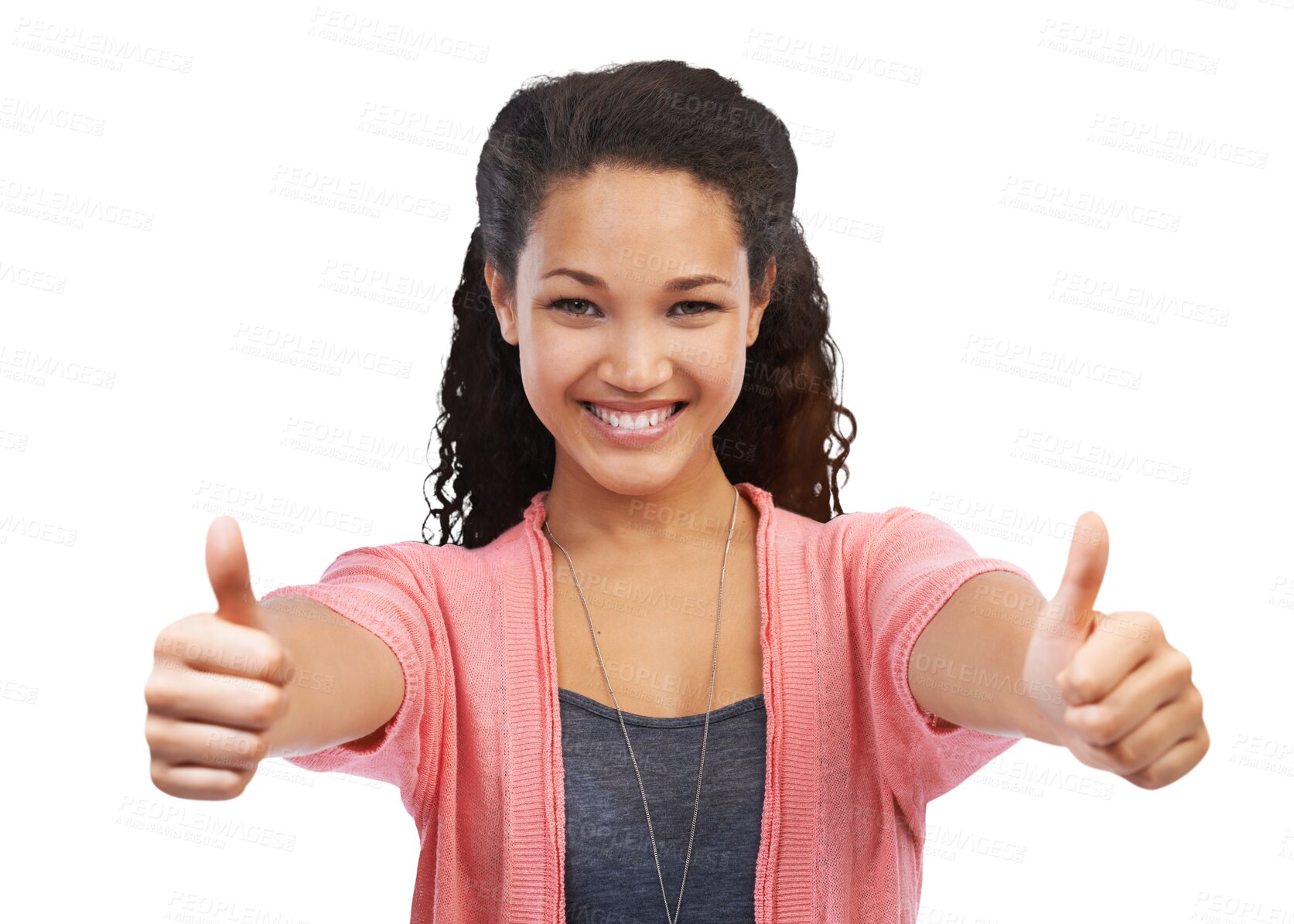 Buy stock photo Thumbs up, happiness and portrait of girl isolated on transparent png background with positive agreement. Yes hand gesture, winner vote and woman with smile, winning attitude and feedback on good job