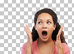 Black woman, wow face and hands in studio for shocked expression, news or open mouth by isolated on a png background. Woman, surprise facial and isolated model with fashion, announcement or notification with omg