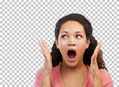 Buy stock photo Winner, wow and excited woman with hands on isolated, transparent and png background. Surprised, announcement and girl shocked by news of sale, deal or discount, omg and open mouth emoji expression