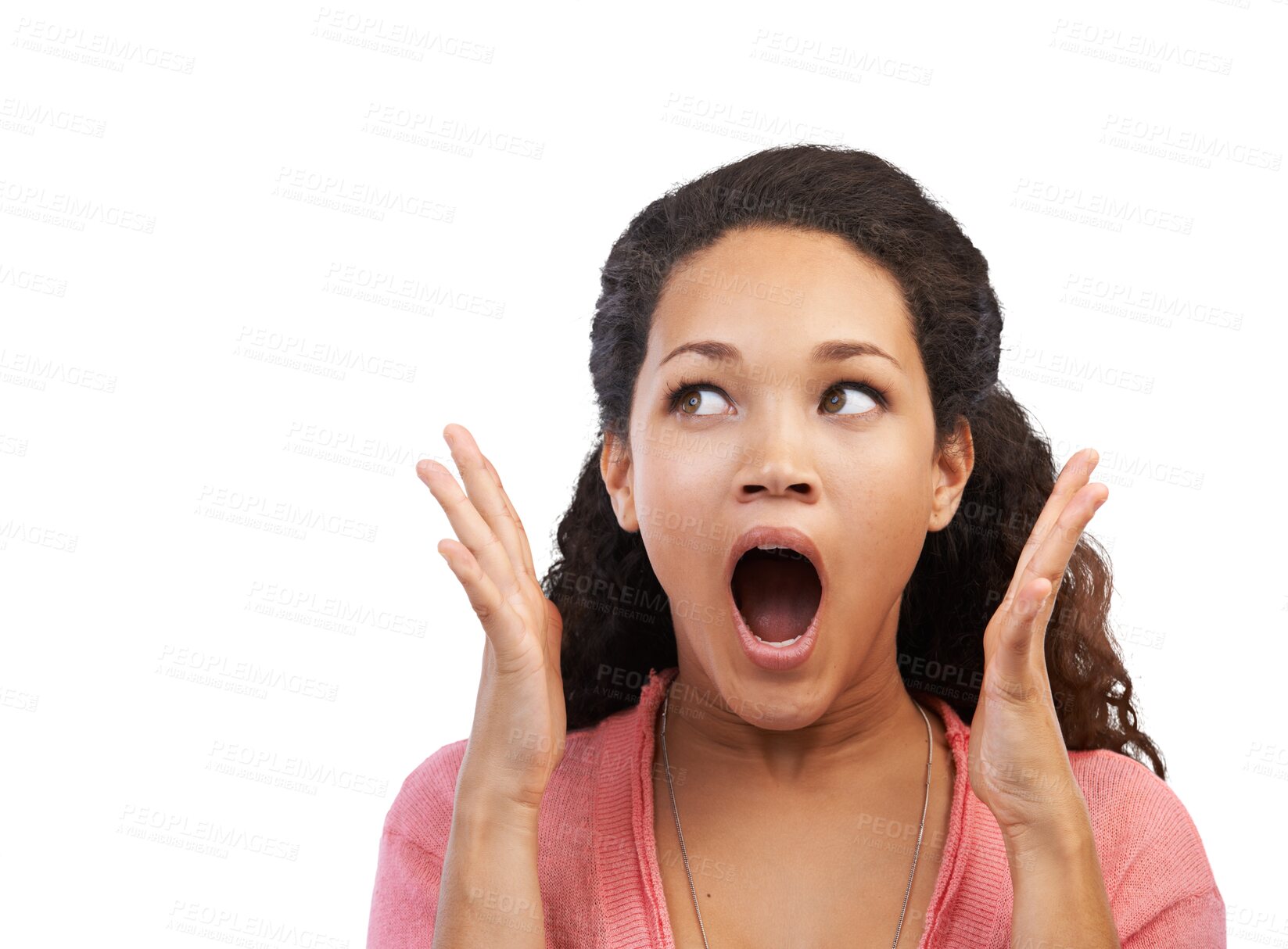 Buy stock photo Winner, wow and excited woman with hands on isolated, transparent and png background. Surprised, announcement and girl shocked by news of sale, deal or discount, omg and open mouth emoji expression