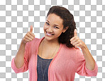 A Face portrait, thumbs up and woman in Hands gesture, like emoji and happy female model with thumbsup for success, support or approval, thank you or agreement isolated on a png background