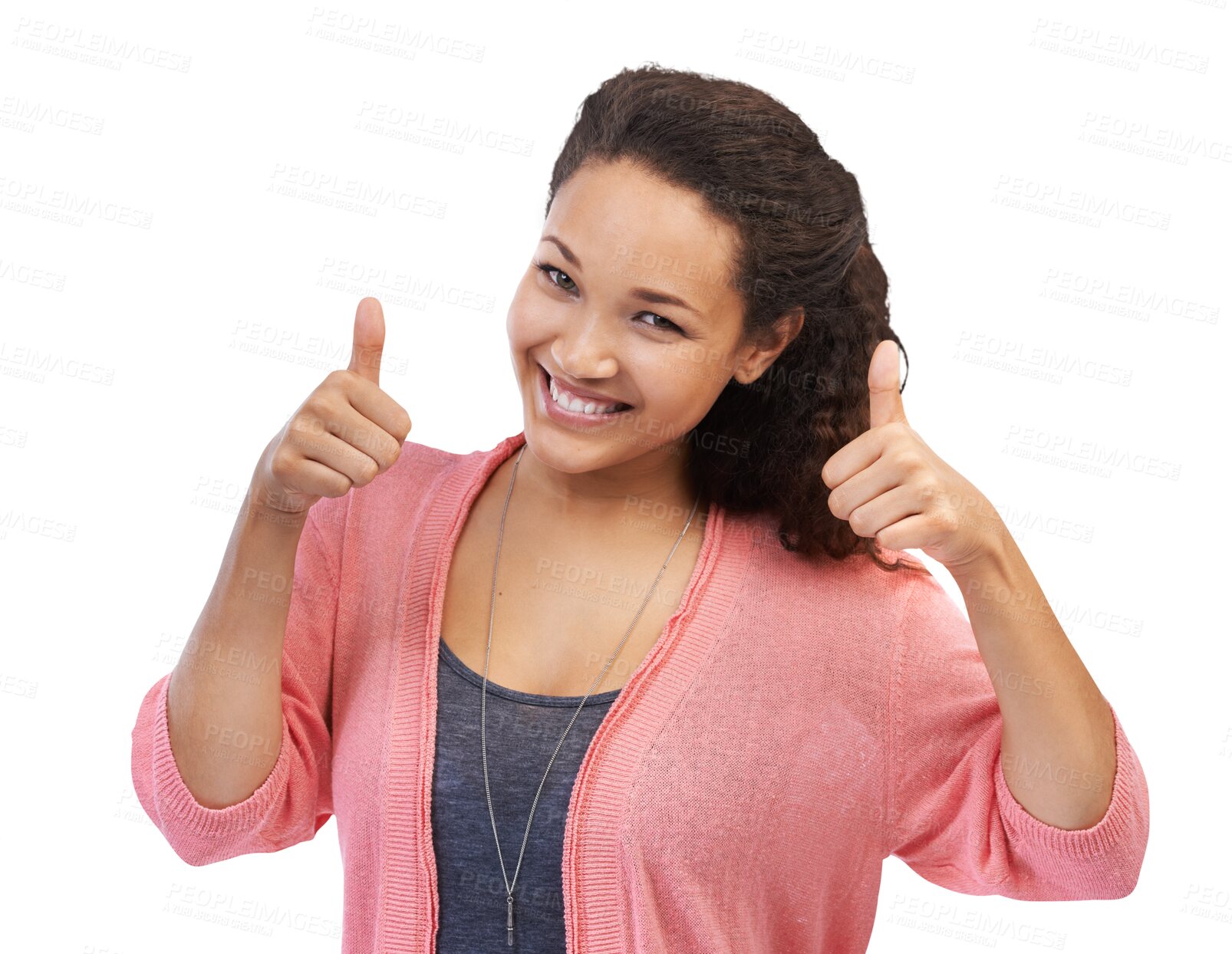 Buy stock photo Thumbs up, portrait and happy woman with yes, winning and success sign on isolated, transparent and png background. Face, hand and winner emoji be excited girl showing agreement, vote or thank you