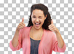 A Face portrait, thumbs up and wink of woman in Hands gesture, like emoji or happy female model with sign for success, support or approval, thank you or agreement isolated on a png background